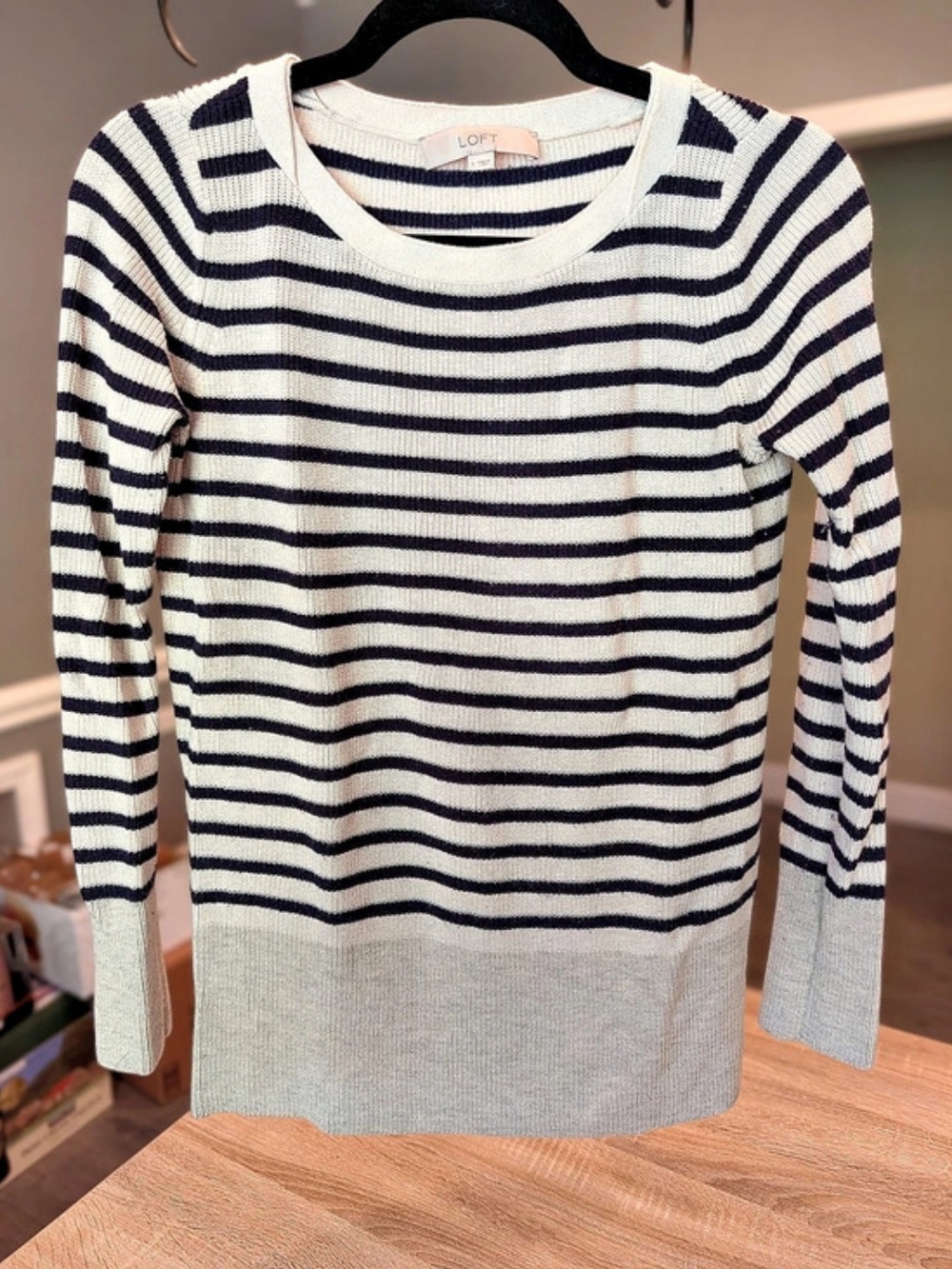 LOFT Striped Crewneck Sweater in Cream & Black Size Small